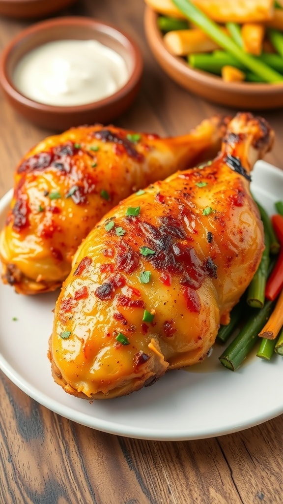 Crispy air fryer chicken served with vegetables on a white plate.
